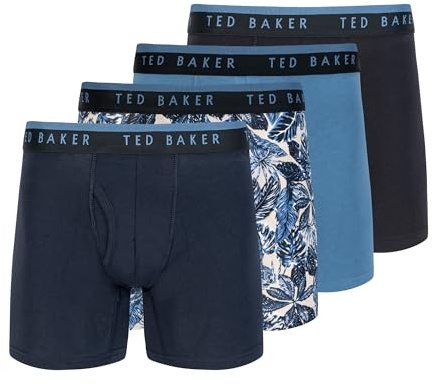 Ted Baker Herren-Boxershorts, Baumwoll-Stretch, Blau/Schwarz, Größe L, 4er-Pack