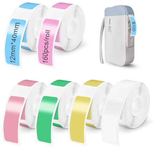 Bmliingchau 6 Rolls Etikettenband-Ersatz, Thermal Label Tape für Phomemo D30/D32/D35/Q30/Q30/Q31,für MARKLIFE P11/P12/P15,für iEager L11/L12,für VRETTI HP3/HP4, 12 x 40 mm Self-Adhesive 160 pcs/Roll