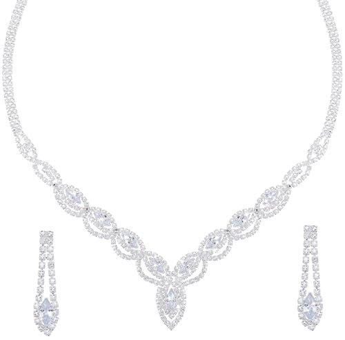 Tucnoeu Brautschmuck Set Silber Strass Kette Ohrringe Schmuckset Damen Hochzeit Schmuck Hochzeits Brautschmuck Set für Damen und Mädchen