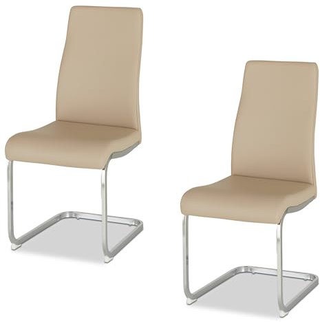 KHG 2er Set Esszimmerstühle Schwingstuhl Kunstleder Beige, Küchenstuhl Polsterstuhl Wohnzimmerstuhl, Design Stuhl bis 120 kg, Gestell aus Metall verchromt
