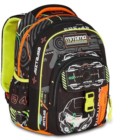 Mitama Zaino Scuola FLUO BATTLE, New Plus, Triplo Scomparto, Tasche Porta Borraccia, Spallacci Ergonomici, Scuola Elementare Bambino, Media