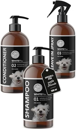 Annimally White Plus Pflegeset - Natürliches Hundeshampoo, Conditioner & Leave-In Spray mit Anti-Gelb-Effekt für weißes Fell, ph-neutrale Fleckenentfernung & Glanz ohne Bleichmittel - je 500 ml