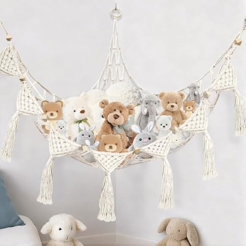 WOUMON Kuscheltier Aufbewahrung Netz, Boho Makramee Stofftier Hängematte Kuscheltiere Lagerung, Spielzeugaufbewahrung Netz Kinderzimmer (weiß)