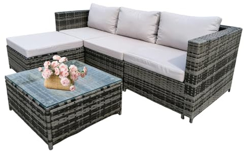 GadgetHaven Garden Corner Sofa Furniture, 4-Seater All-Weather Rattan Corner Sofa Set w/Tempered Glass Coffee Table,Ottoman - L-Shaped Patio Garden Furniture (Grey Rattan+Light Grey Cushion)-YXL-2