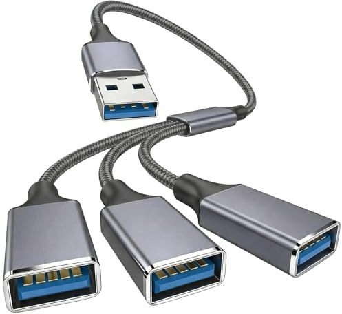 Leloco USB Splitter 1 zu 3, USB-A 2.0 Adapter, 480 Mbit/s, 5V/1,5A | USB Y-Kabel mit 1× USB-A-Stecker und 3× USB-A-Buchsen; Nylon-Geflecht und Aluminiumgehäuse für PC, Laptop, Konsole und Auto