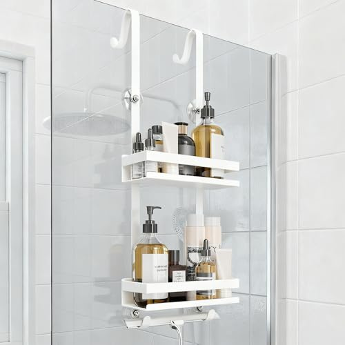 Laimew Duschablage ohne Bohren Badezimmer Organizer, Badregal Duschregal ohne Bohren, Duschablage zum Hängen für Glasduschtüren, Duschregal zum Hängen Shampoo Halterung für Dusche Weiß