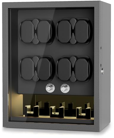 TWIXSTAR Uhrenbeweger, Schlüsselschloss Uhrenwinder für 4/6/8 Automatikauhren mit 3 Zusätzlichen Speichern, Leiser Motor, 4 Rotationsmodi, Schaumstoff Pad, LED-Licht und Typ-C-Adapter