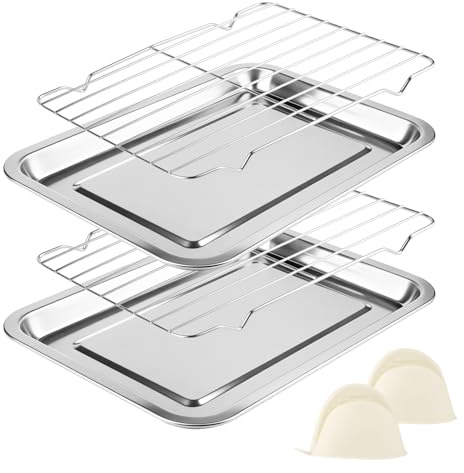 2 Stück Backblech mit Abkühlgitter Set, Hochbelastbares Edelstahl Backblech 32×22×1.5 cm(2 Backform+2 Abkühlgitter+1 Ofenhandschuhe), Rechteckiges Baking Tray & Cooling Rack Baking, leicht zu reinigen