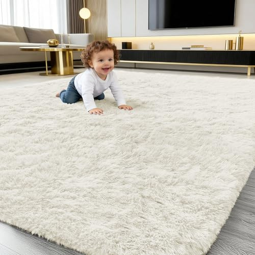 smiry Flauschig Hochflor Groß Teppich Wohnzimmer - 200x280 cm, Creme | Rutschfest Waschbarer Moderner Teppiche Kuscheliger Wohnzimmerteppich fürs Kinderzimmer Schlafzimmer