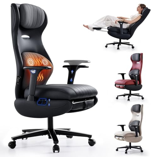 EMIAH Bürostuhl mit Heizung und Massage mit Verstellbare Armlehnen, Schwarz | Ergonomischer Schreibtischstuhl mit Fußstütze Compute Gaming Stuhl Chefsessel mit Kopfstütze und Lendenwirbelstütze PU Leder