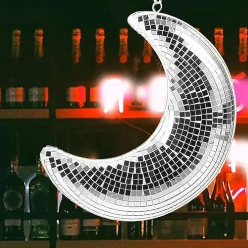 XIAOBAN Moon Shaped Hanging Disco Ball Ornament, Mirror Decorative Party Pendant, Handmade 80s Style Hanging Decor for Home and Disco Party Decorations (Silvery)