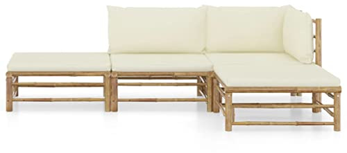 PUGYNBK Ensemble de 4 meubles de jardin en bambou avec coussins blanc crème, ensemble de meubles de jardin en bambou, salon modulaire pour l'extérieur