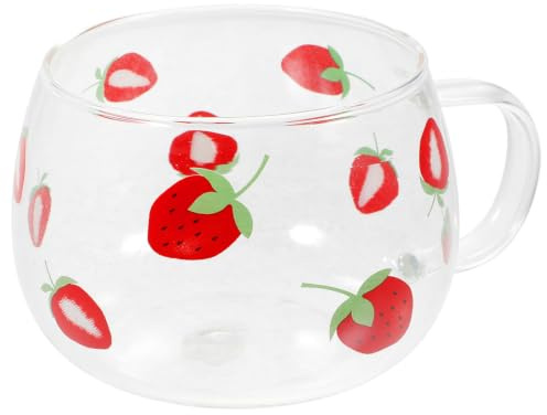 HOUDERCO Tasse à Café en Verre Fraise 390ml, Mug Transparent 1 Pièce