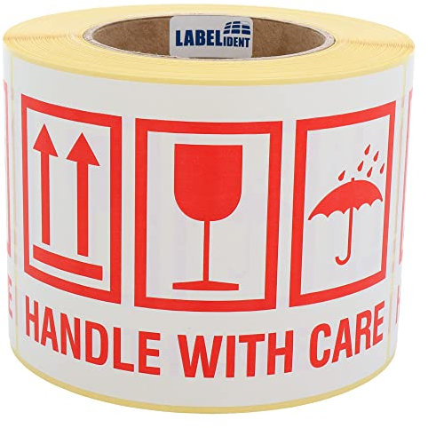 Warnetiketten 150 x 100 mm - Paket Aufkleber handle with care - 500 Handle with Care Aufkleber auf 1 Rolle(n), 40 mm Kern, Papier selbstklebend