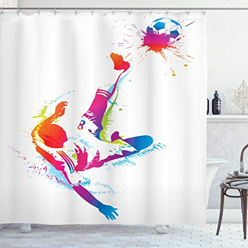 ABAKUHAUS Fußball Duschvorhang, Kugel Tritt Aquarellen, Stoffliches Gewebe Badezimmerdekorationsset mit Haken, 175 x 180 cm, Magenta Orange Blau