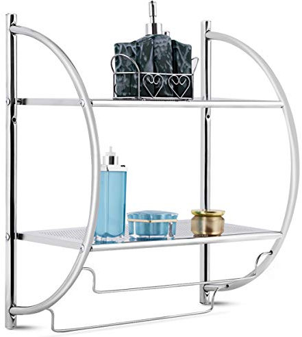 COSTWAY Handtuchhalter Wandmontage, Handtuchstange mit 2 Ablagen, Handtuchablage Badetuchstange Handtuchständer Badregal Wandregal Eisen (Silber)