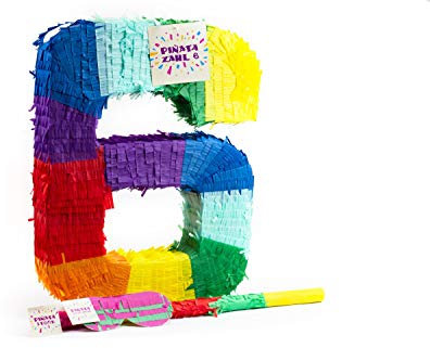 Trendario Zahl 6 Pinata Set, Pinjatta + Stab + Augenmaske, Ideal zum Befüllen mit Süßigkeiten und Geschenken - Piñata für Kindergeburtstag Spiel, Geschenkidee, Party, Hochzeit