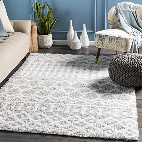 Livabliss Dubai Shaggy Berber Teppich - Flauschiger Langflor Hochflor für Wohnzimmer, Esszimmer, Schlafzimmer - Groß 160x220 cm in Weiß, Hellgrau