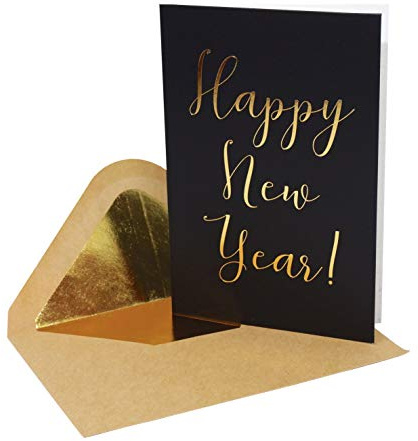 CHRIZ.Z Happy New Year Cards - 24 Pack Black Happy New Year NYE Greeting Cards in Matte Finish with Gold Foil Lettering - Includes 26 Gold Foil Embossed Kraft Envelopes - 4 x 6 Blank Inside