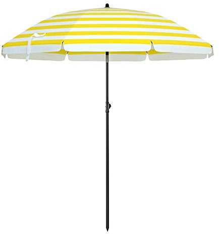 SONGMICS Parasol de Playa Ø 1,6 m, Sombrilla de jardín con UPF 50+, Inclinable, Portátil y Resistente al Viento, Varillas de Fibra de Vidrio, Bolsa de Transporte, Raya Amarillo y Blanco GPU60YW