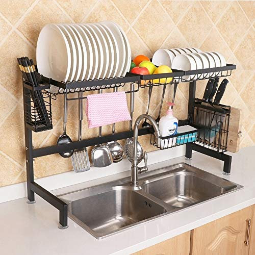 Porte-cuisine Kitchen Bol en acier inoxydable Fruit Basket Couteau Coupe du Bois Chopsticks vaisselle vidange rack Support de stockage, Version Deluxe (Noir) (Color : Black)