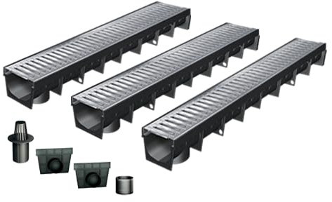 Pack de 3 : Caniveau Extérieur avec Grille en Acier Galvanisé Classe A15 MEAPARK - Caniveaux pour Terrasse, Piscine, Jardin - Largeur Utile 10cm
