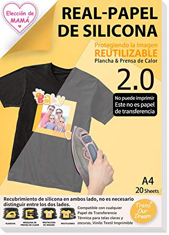 TransOurDream Real -Compañero de transfer paper,Papel de Silicona para Planchar de Transferencia de Tejidos (A4x20 hojas), Reutilizable y recubre silicona en ambos lados, ES-8-20