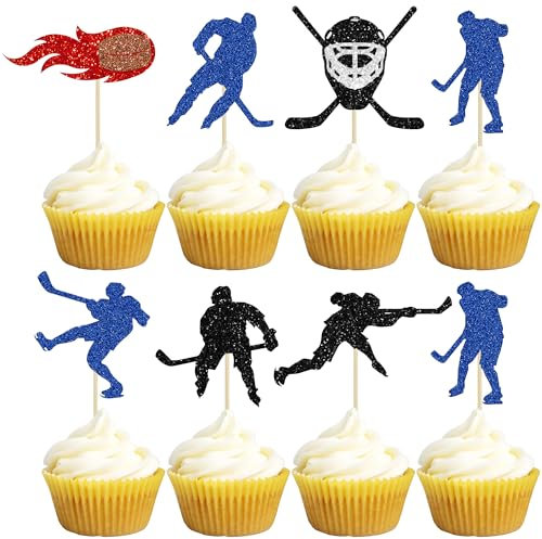 Gyufise 28 Stück Hockey-Cupcake-Topper Glitzer Hockeyspieler Cupcake Picks Eishockey Sport Thema Babyparty Jungen Mädchen Geburtstag Party Kuchen Dekorationen Zubehör