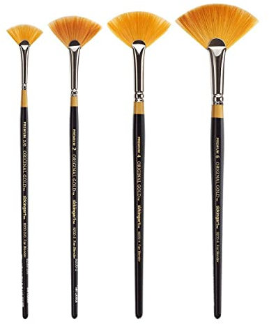 KINGART B-091 Premium 4 pc. Original Gold 9200 Series Fan Brush Set, Synthetic Golden Taklon for Acrylic, Oil, Watercolor Paint, Short Handle, 4 Brushes Sizes: 2/0, 2, 4, 6
