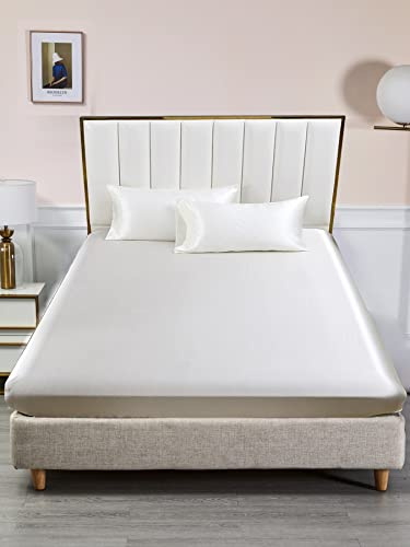 Spannbettlaken 90x200 Beige Creme Boxspringbett Satin Bettlaken Leintuch Glänzend Seide Spannbetttuch Uni Muster Hochwertiges Spannleintuch für Hohe Matratze bis 25-30 cm