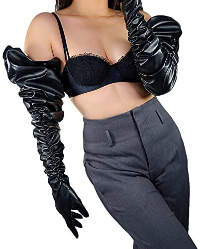 DooWay Damen-Handschuhe, superlang, Leder, Touchscreen, gerüschte Ärmel, Übergröße, Puff-Schulterlänge, Unisex, Schwarz, 100 cm, Black-tech, 85