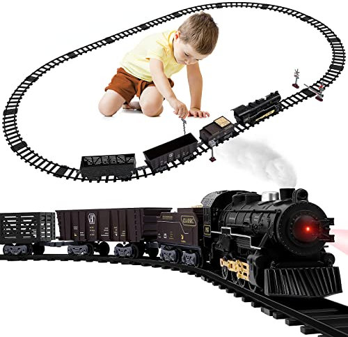 TOYANDONA Christmas Train Set- Around The Christmas Tree, Steam Locomotive Engine with Real, Music & Lights, Battery Operated Easy Assemble Electric Train Set for Kids Boys Girls