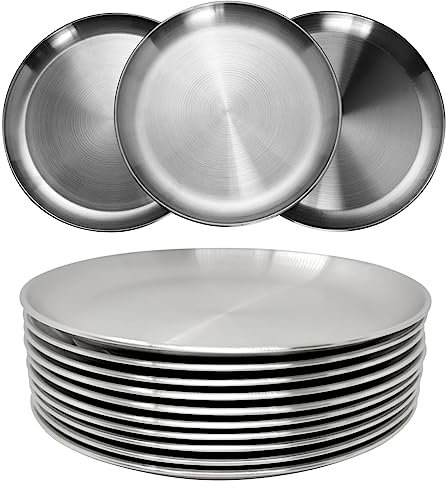 CAMBUY Stainless Steel Plates 9 inch 304 Metal Lightweight Unbreakable Dinner Dishes Plates Set Non-Toxin Dishwasher Safe BPA Free and Healthy (10 Pcs)