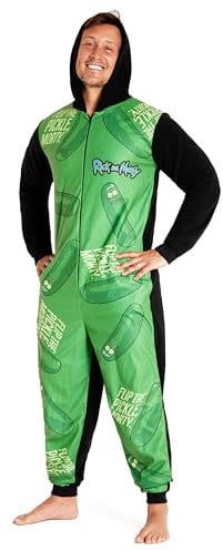 RICK AND MORTY Onesie Fleece Herren - Kapuzen-Flausch-Fleece-Einteiler für Männer - Größen M-3XL Herren Loungewear (Grün/Schwarz, M)