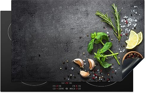 KitchenYeah© Induction Hob Cover Protector Mat 20.3x32.7 / 83x51.5 cm Kitchen Universal Ceramic Covers for Electric Cookers Vinyl Lime - Herbs - Spices - Green - Grey - Concrete