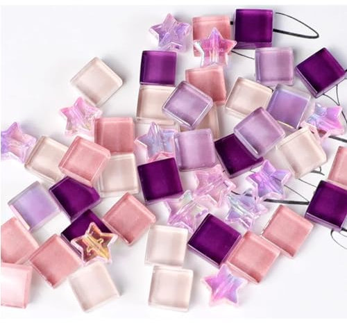 200g Piastrelle Mosaico Tessere Mosaico Vetro di Cristallo, Colori Misti Quadrati e Stelle Piccoli Pezzi di Vetro per Mosaico per Lavori Artigianali(Viola e Rosa)