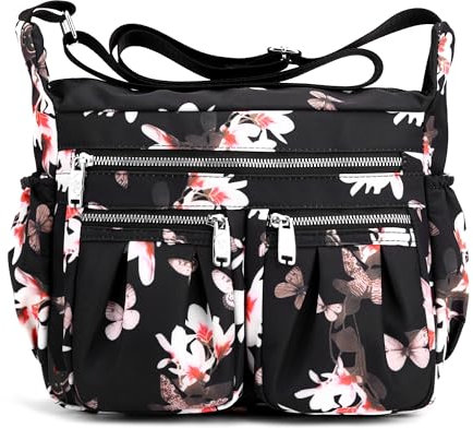 SODOLLEE Umhängetasche Damen Modedruck Schultertaschen Leichtgewicht Frauen Crossbody Bag Mehrere Taschen Nylon Messenger Bag für Einkaufen Reisen Freizeit Blume E