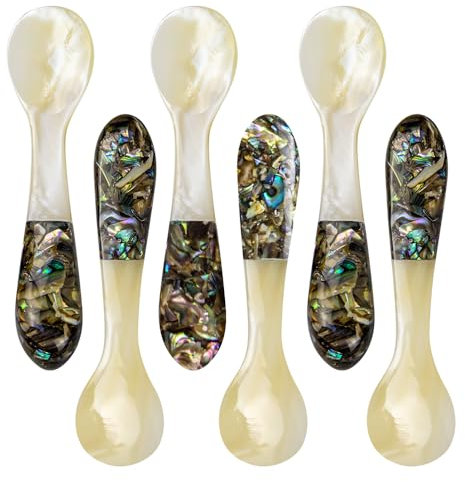 DUEBEL Lot de 6 cuillères à caviar avec manche en ormeau, cuillères en nacre de 10,2 cm pour service au caviar, service des œufs, vaisselle d'événement, décoration de table de restaurant
