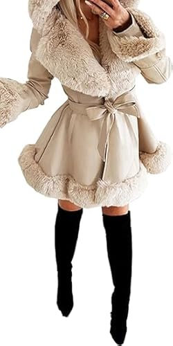 Women's Faux Fur Coat Hood, Plus Size Faux Fur Lining Collar Thicken Warm Jacket, Winter Fashion Leather Outerwear with Belt. (S, Beige)