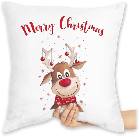 Kissen 40x40 Zierkissen - Weihnachtskissen Geschenke - Merry Christmas Rentier I Elch - 40 x 40 cm - Weiß - mit weihnachtsmotiv weihnacht familie sofakissen weihnachten weihnachts rentiere bezug