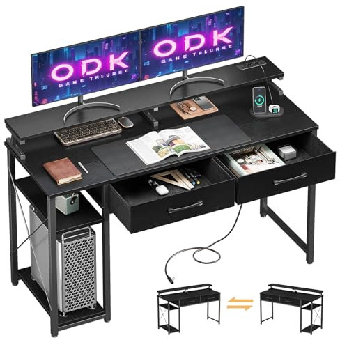 ODK Schreibtisch mit 2 Schubladen, Computertisch mit 2 Steckdose 2 USB-Ladeanschluss, PC Tisch mit Regalen und Monitorständer, büro Tisch für Home Office, 120x50x90cm, Schwarz