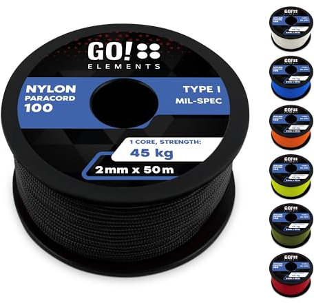 GO!elements 50m Paracord 2mm Seil aus reißfester Nylonschnur - Paracord 100 Typ I Survival Schnur - Reißfest bis 45kg - geeignet als Allzweckseil, Reepschnur, Kordel, Maurerschnur, Farbe: Schwarz