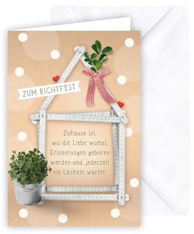 KE - Besondere Glückwunschkarte zum Richtfest, inkl. Umschlag, DIN B6 Format, Geschenk zum Richtfest, weiß, Motiv: Haus aus einem Zollstock geformt