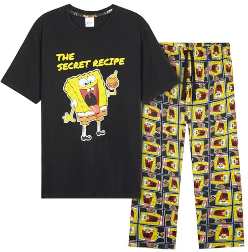Spongebob Schwammkopf Schlafanzug Herren Pyjama Set mit Shirt und Langer Hose Lustiger Hausanzug Geschenk für Männer (M, Schwarz/Gelb)