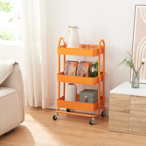 [en.casa] Carro de Servicio con 3 Cestas con Base de Malla Metálica Estantería de Baño con 4 Ruedas Carrito de Cocina Multiusos Versátil Resistente Acero 79 x 46 x 35 cm - Naranja