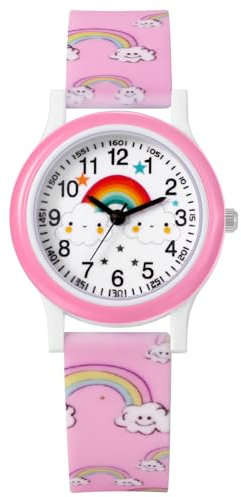 JewelryWe Kinder Armbanduhr Silikon Kinderuhr: Rosa Silikonarmband Junge Mädchen Süße Regenbogen Wolken Muster Analog Quarz Uhr Sportuhr Lernuhr