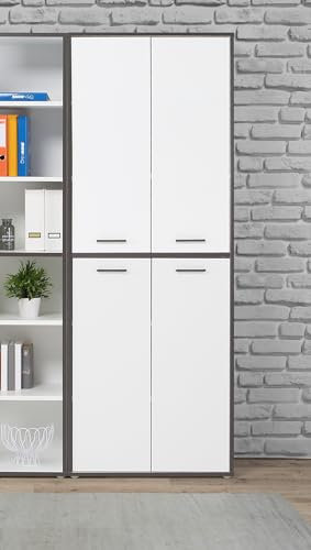 Forte KEFLAVIK Schrank 80 90, Weißer Schrank mit 4 Türen, Büroschrank, Home Office, Aktenschrank, Büroutensilien, Holzwerkstoff, Weiß/Uni Wolfram Grau, 84,5 cm breit x 226,5 cm hoch x 41,5 cm tief