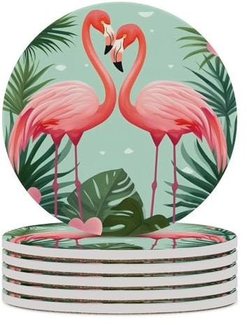 Keramik-Untersetzer, Palmblatt- und Flamingo-Paar-Untersetzer für Getränke, rund, saugfähige Getränkeuntersetzer mit Korkrückseite, rutschfeste Tassen-Untersetzer für Heimdekoration,