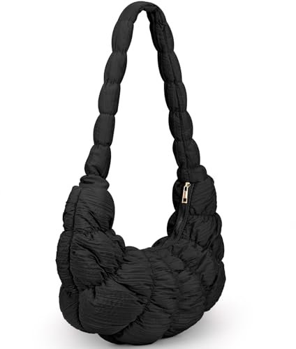 Bekoros Puffer Crossbody Taschen für Damen Luna Hobo Bags gesteppte Tragetasche Schultertasche, Schwarz