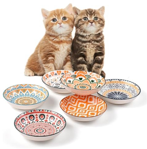 6Pcs Cat Food Bowls, 5.5 Inches Ceramic Cat Dish, Wide Shallow Cat Feeding Bowls, Pet Water or Food Feeding Bowls for Indoor Cats, Kitten, Puppies and Small Dogs, Dishwasher Safe 8.5 oz